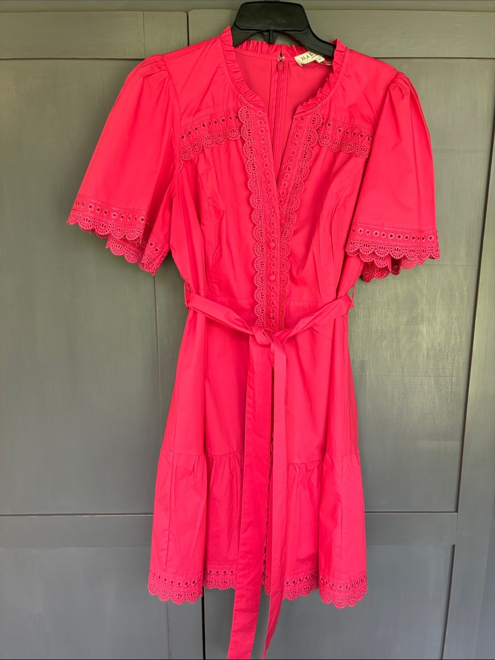 Hale Bob Bright Pink Eyelet Trim Belted Dress